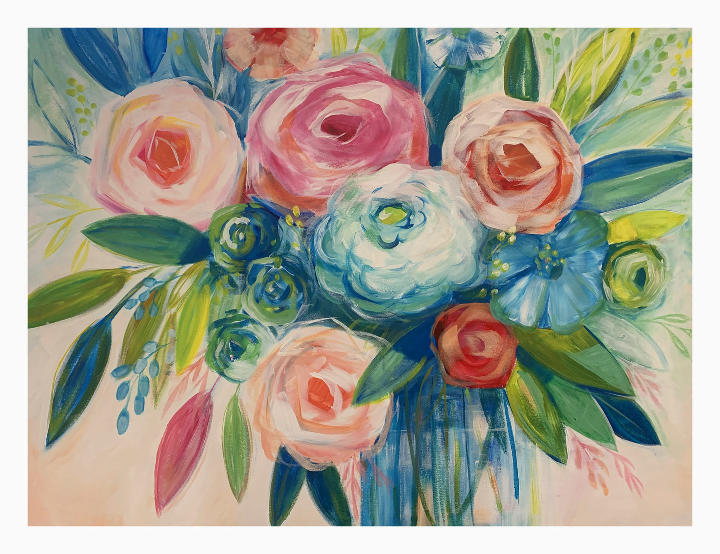 'Pinks and Teals Bouquet": Fine Giclee Art Print from Original Acrylic Painting
